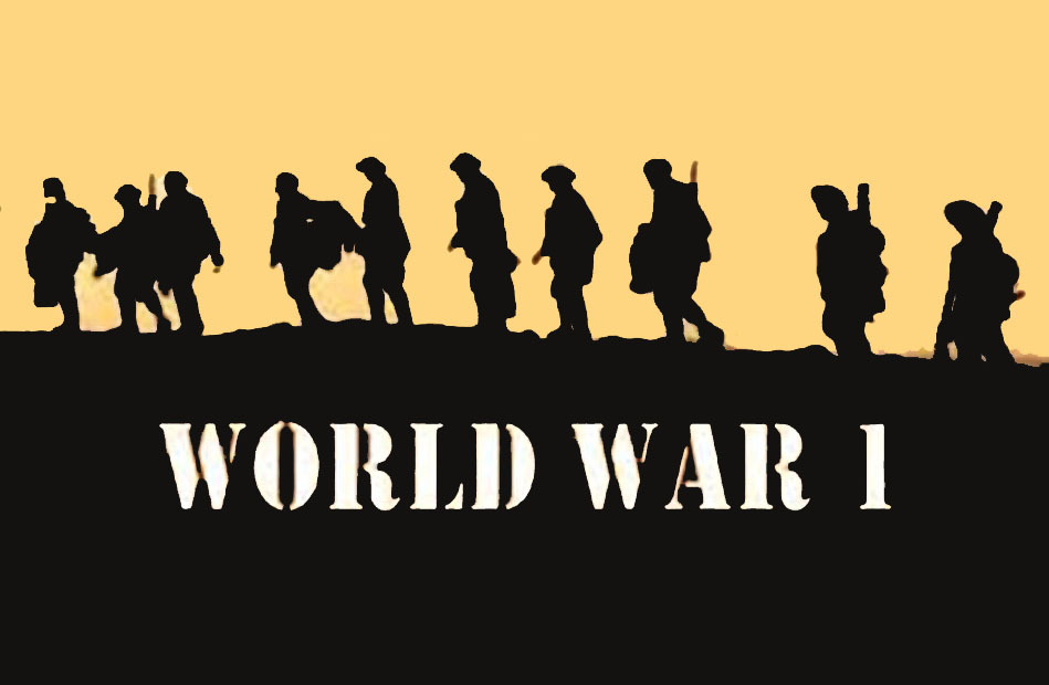 Silhouettes of World War I solders marching along a ridgeline