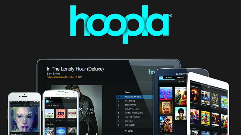 Hoopla Logo with phones, tablets and laptop screens