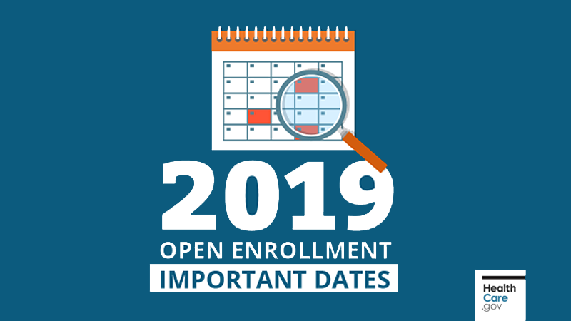 Calendar and magnifying glass above "2019 Open Enrollment Important Dates"