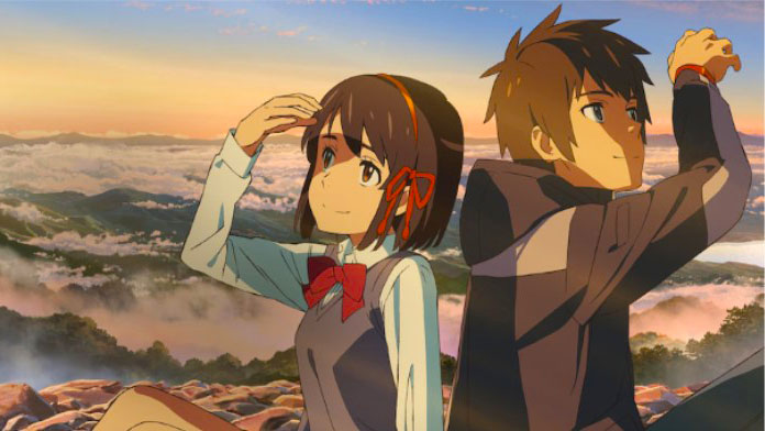 Anime drawing of a boy and girl sitting back-to-back on top of a mountain and shading their eyes form the sun.