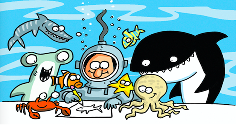 Cartoon ocean creatures watching a cartoon diver draw a shark