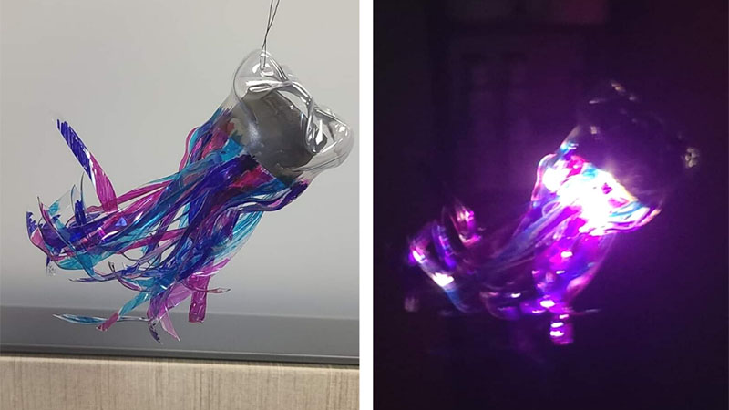 Daytime and nighttime photos of a Solar Powered Jellyfish Lamp