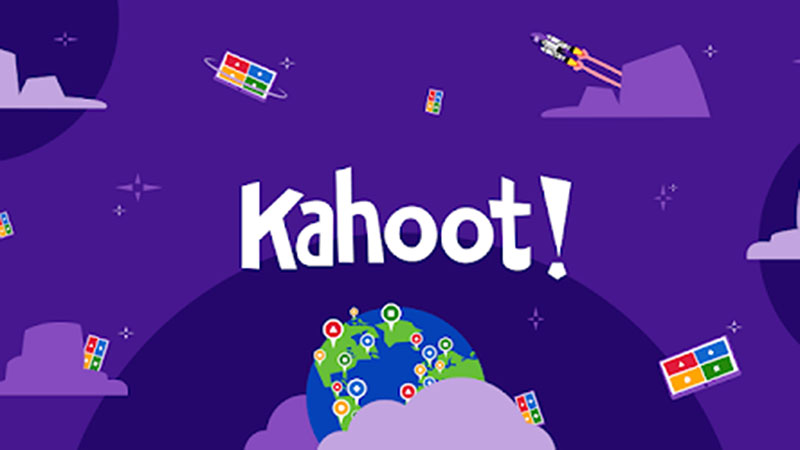 Kahoot Logo with purple background and cartoon images of the earth, clouds and a rocket.
