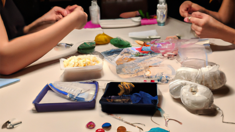 Two teens sitting at a table with craft supplies covering the table.