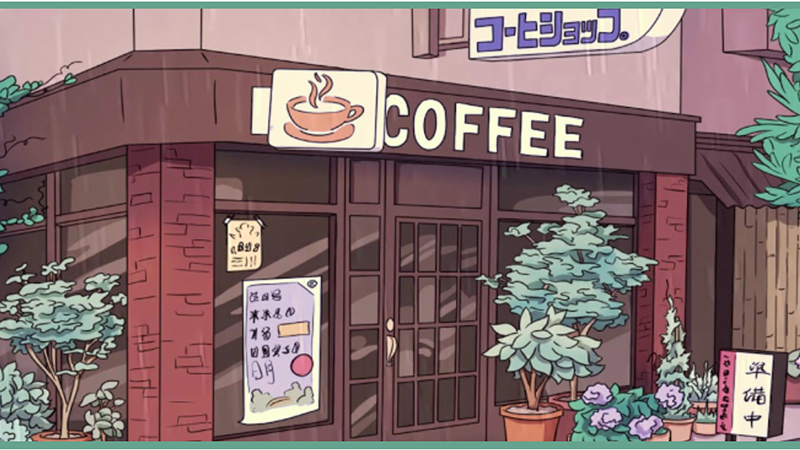 Japanese anime drawing of a corner coffee house.