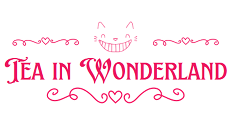 Tea In Wonderland in pink styled text with decorative ligatures and a cat smiling and hearts