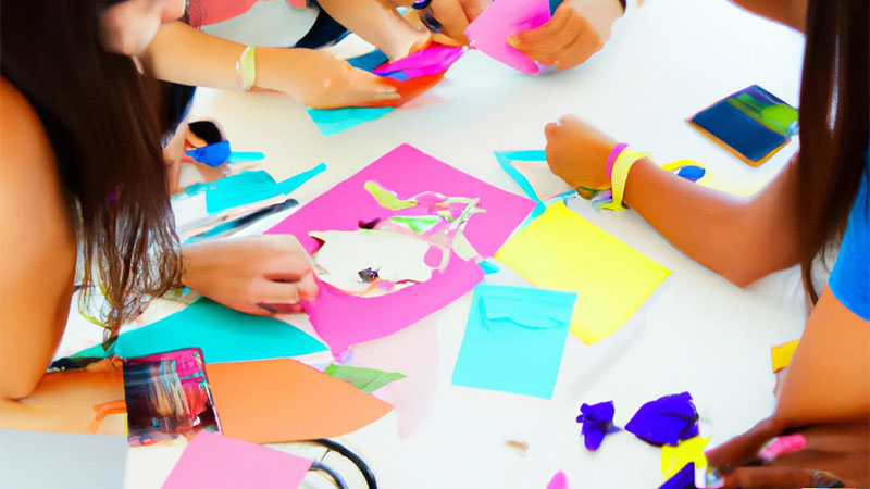 Teens cutting out shapes and colored paper to make custom stickers.