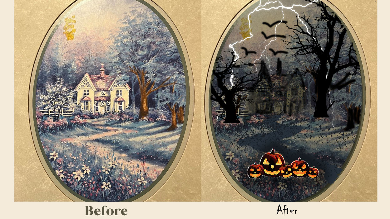 Before and after paintings of a Victorian cottage in the woods. After painting has scary dead trees, lightning, bats, and Jack-O-Lanterns painted in.