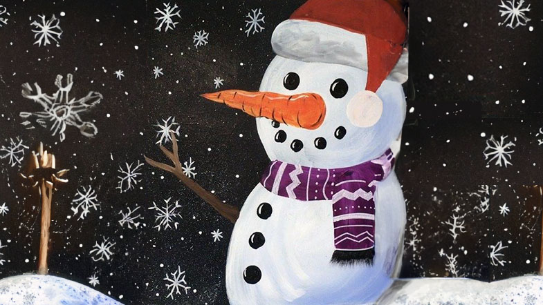 Painting of a snowman at night with snow falling in the background.