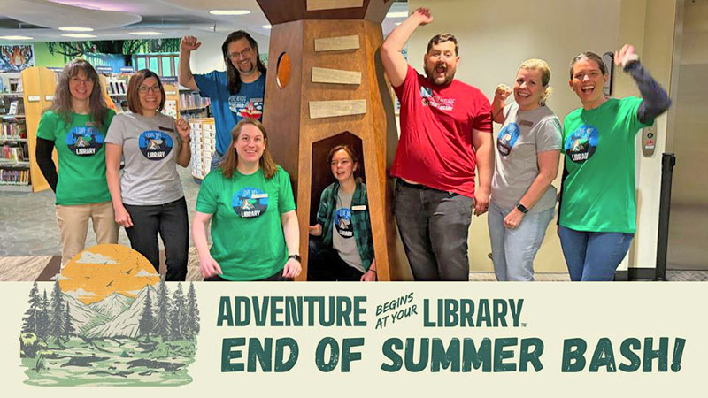 Adventure Begins at Your Library logo under a photograph of members of the Basehor Community Library staff celebrating the end of Summer Reading.