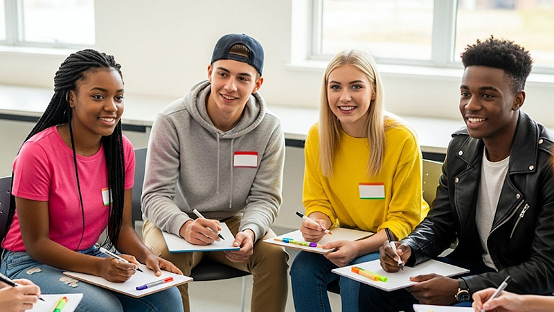 A grouup of teens sitting in a circle taking notes on legal pads.